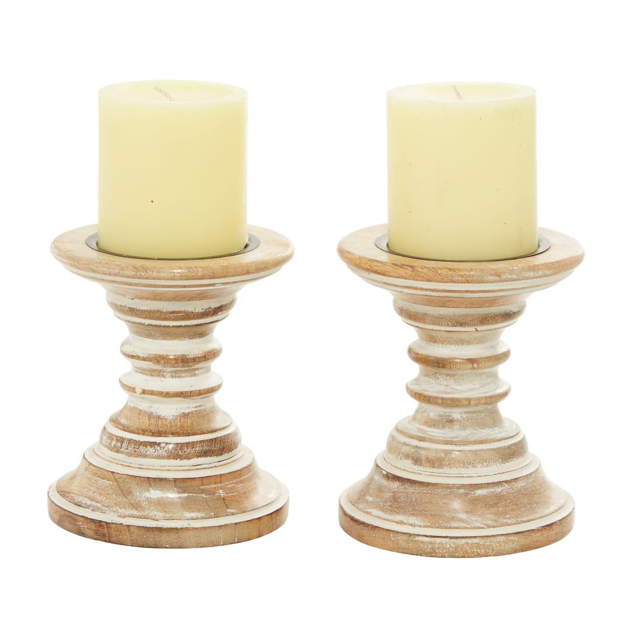 6'' Light Brown Mango Wood Traditional Candle Holder, 2ct.